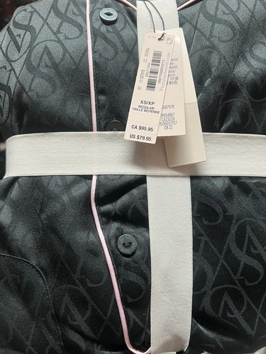 Victoria's Secret Satin Long Pajama Size XS/Regular Black VS Logo Collared New - Picture 2 of 2