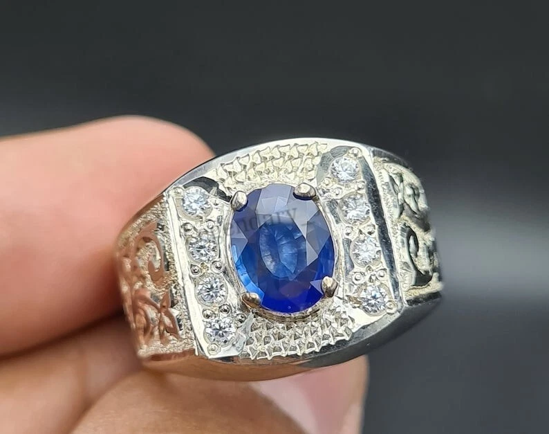Natural Blue Sapphire Gemstone With 925 Silver Plated Ring for Men's ALL Size - Image 2 of 4