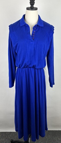 Vintage Cobalt Shirt Dress M 80s 90s Secretary Royal Blue Soft Acrylic Knit Mom