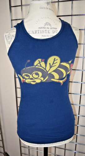 Tank Top VTG 90s Ed Hardy Navy Blue Yellow Red Pollen Bee Cotton Made USA Sz S/M - Picture 3 of 16