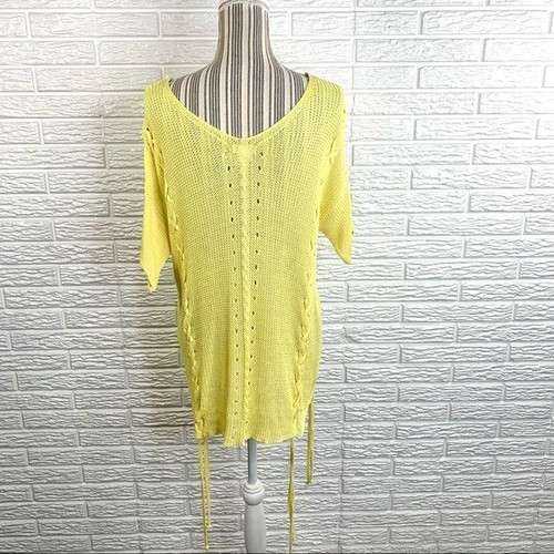 Main Street Sheer Yellow Open Knit Lace Up Top Size Small - Picture 7 of 7