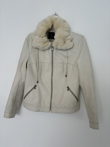 Vtg 90s Y2K Leather Moto Motorcycle Jacket Ivory White Rabbit Fur Collar S/M Zip - Picture 11 of 22