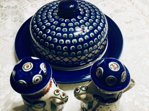 Boleslawiec Polish Pottery Stoneware Cheese Dish w/Cover 10.5” & Salt Pepper - Picture 7 of 7