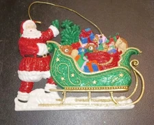 VINTAGE Molded Plastic SANTA Sleigh Toys WALL PLAQUE GLITTER 11x8" Christmas