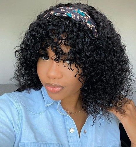 Headband Wig with Bangs 18 Inch Real Human Hair for Black Women 180% Density - Picture 2 of 13