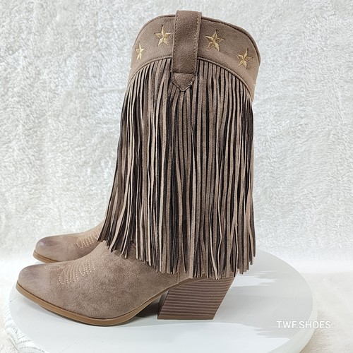 Dusty Mid Calf Coco Taupe Fringe Country Western Cowgirl Boots - Picture 5 of 16
