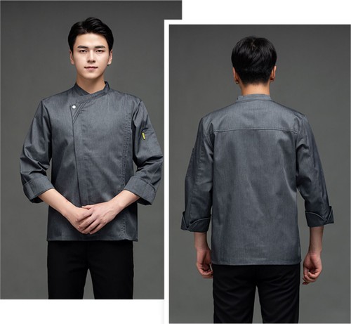Men Women Chef Work Breathable Kitchen Gray Collar Long-Sleeved Chef Coat Jacket - Picture 8 of 13