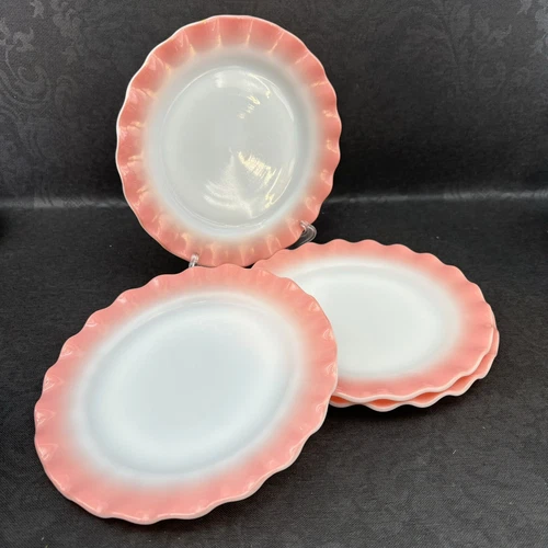 Vintage Hazel Atlas Ruffled Crinoline Pink Milk Glass Set/4 -9” Dinner Plates