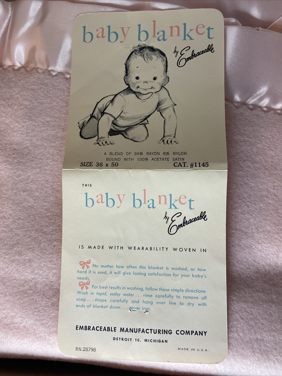 Baby Blanket Embraceable Vintage Pink Baby Crib Blanket Rayon/Nylon/Satin 36x50