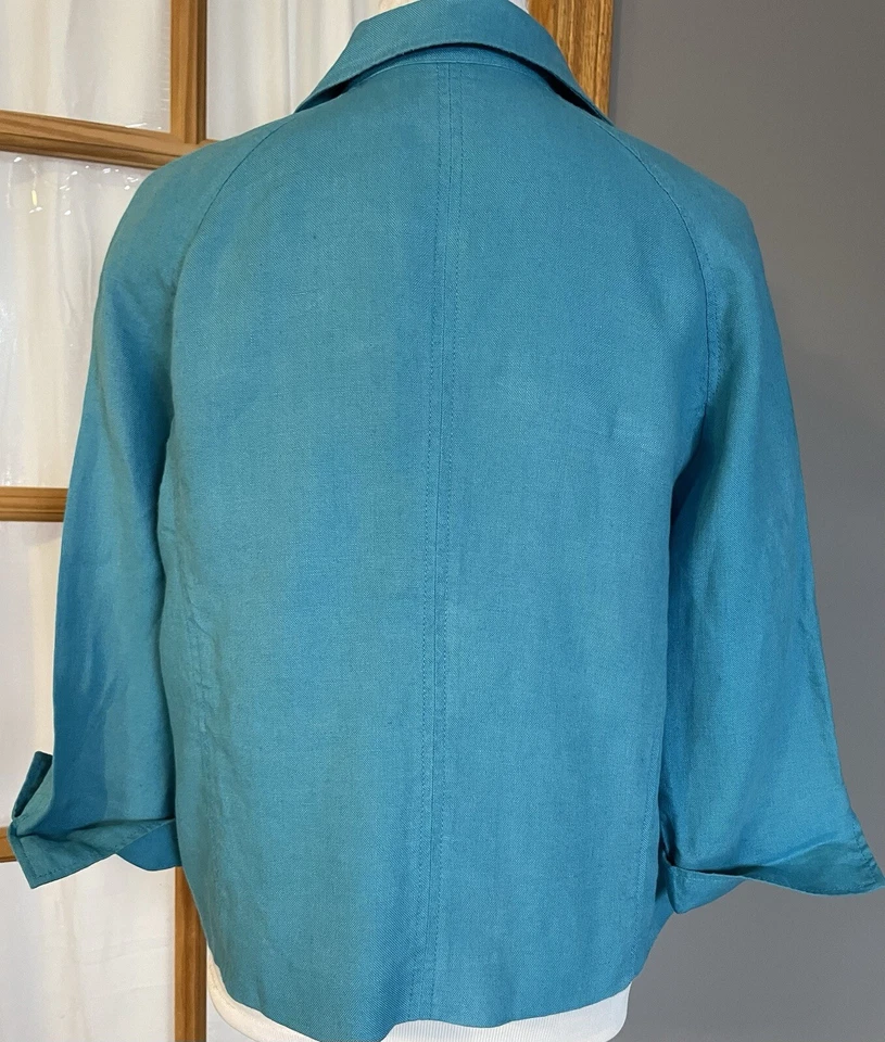 Talbots Iris Linen Blazer Jacket Womens Sz PL Crop Blue Open Front Casual Career - Image 4 of 4