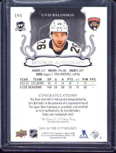 2023-24 Upper Deck The Cup Rookie DORADO AUTO Uvis Balinskis/36 - Imagen 2 de 2