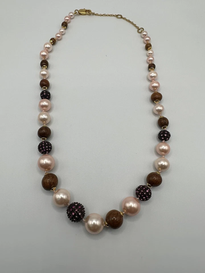 Pink Pearl, Hawaiian Wood And Pink Rhinestone Bead Necklace. - Image 3 of 4