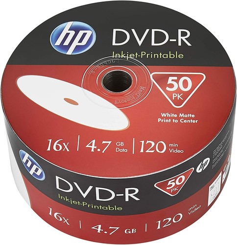 200 Genuine HP White Inkjet Printable DVD-R 16x 4.7GB 120 mins Blank Discs - Picture 2 of 4