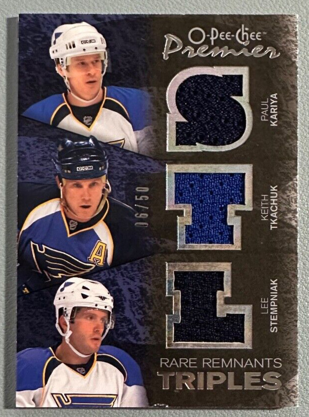2007-08 O-Pee-Chee Premier Triple Jersey PAUL KARIYA KEITH TKACHUK STEMPINAK /50