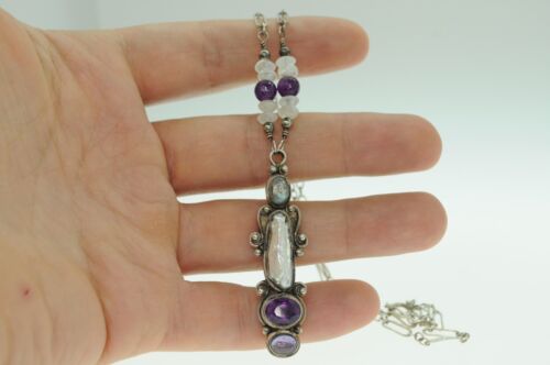 Art Nouveau Style (ca. 1970) Sterling Silver Biwa Amethyst Labadorite Pendant - Picture 3 of 7