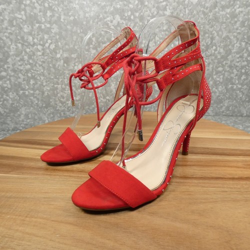 Jessica Simpson Shoes Womens 6.5M Maevi Red Velour Silver Studded Strappy Heel - Picture 7 of 16