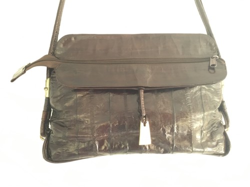VTG PURSE 80's VINTAGE CHESTNUT BROWN EEL SKIN LEATHER Shoulder Bag Large DISCO - Picture 4 of 9