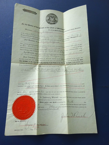 1893 Land Patent Transfer unterzeichnet vom Gouverneur von Michigan John T. Rich, Elba, Mi