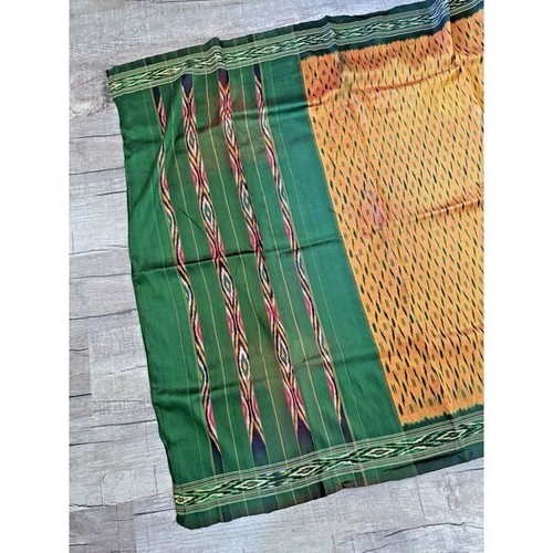 Gebrauchter indischer DAMEN-SARI VINTAGE GOLDFARBEN/SENFDRUCK REINE SEIDE HANDWERK - Bild 2 von 16