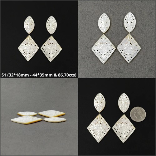 Natural MOTHER OF PEARL Gemstone Carving Hand Carved Marquise Uneven Shape Sets - Picture 2 of 3
