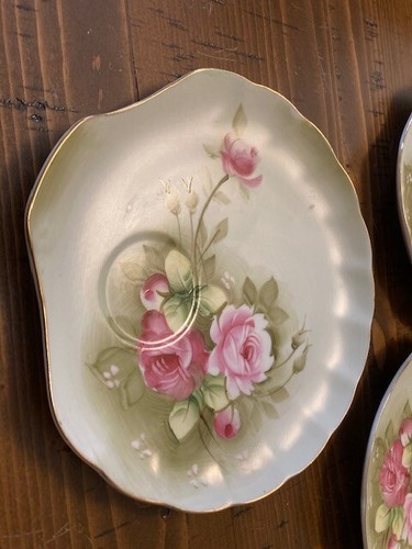 3 Sets of Vintage Lefton China Green Heritage Rose Snack Plates & Teacups #3071 - Picture 3 of 10
