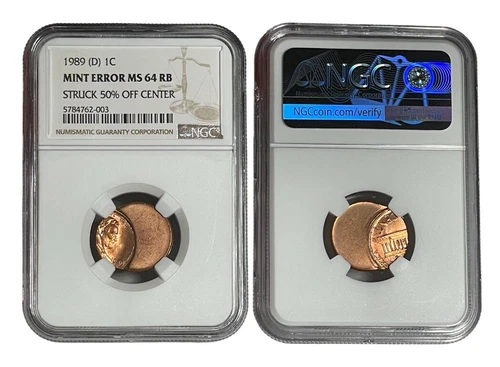USA, 1 Cent 1989 (D) NGC MS64 RB Mint Error Struck 50% Off Center