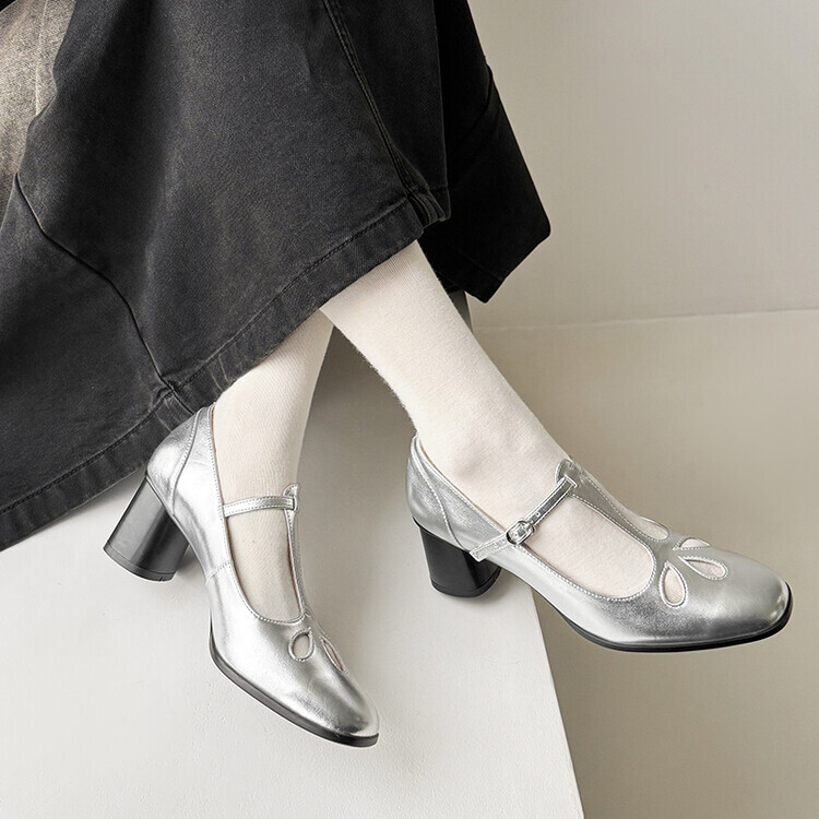 Zapatos Mary Jane de moda para mujer de cuero con punta redonda recorte correa en T tacón bloque QMEG