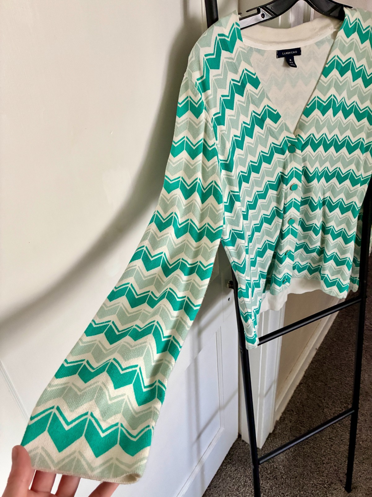 LAND'S END Turquoise Chevron Pattern Cardigan w/C… - image 4
