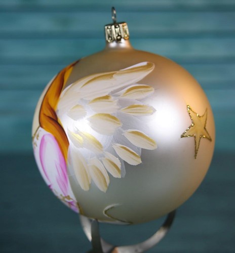 Ornamento sfera vetro dipinto a mano 4" oro rosa angelo musicista corno glitter con scatola - Foto 5 di 11