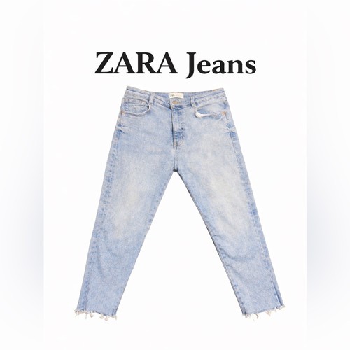 ZARA High Rise Straight Leg Jeans Raw Hem Light Wash Size 4 Stretch Denim