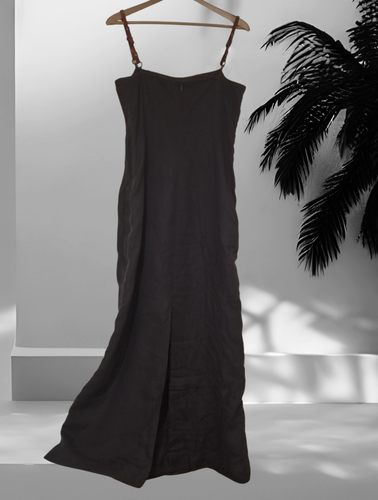 Vintage Jaeger Brown Linen & Leather Maxi Dress Italy UK 16 - Picture 5 of 24