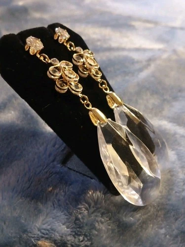 Vintage 4" Gold tone Crystal Drop Prisms Earrings Unique Costume Jewelry