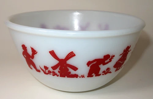 Vintage Hazel Atlas Dutch Children Windmill Tulips Milk Glass 7" Mixing Bowl