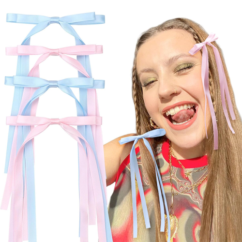 Vobobe 4 Stück Haarschleifen für Frauen Mädchen, rosa blau Quaste Band Schleife Haarspange - Bild 12 von 12