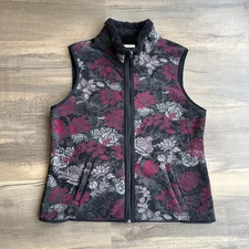 Croft & Barrow Women’s Fleece Vest Faux Fur Lined Full Zip Floral Print Black M