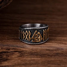 Men's Viking Norse Runic Ring - Gold-Plated Runes, Stainless Steel Band