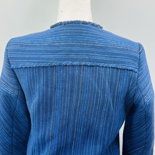 Sandro Paris Navy Stripe Crop Blazer Size 36 Frayed Edge Biker Style Jacket - Picture 11 of 17