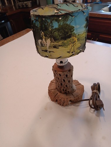 Vintage 1980, Cholla Cactus, Table Lamp with American Indian Images On Shade