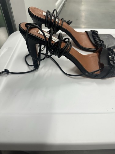 Lonia Black Vegan Leather Open Toe Chain Tie Up Ankle Strap Sandal, 13 - Picture 11 of 11