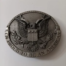 Bergamot Brass Works Belt Buckle - Proud To Be An American - 1981 H132 USA -
