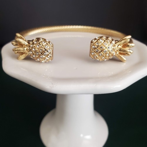 Gold Tone Pineapple Cable Cuff Bracelet with Crystal Accents 4mm Resort Vacation - Picture 3 of 5