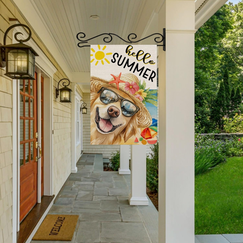 Welcome Hello Dog Bandiera da Giardino Spiaggia Estiva, 12 X 18 Pollici Tela Doppio Lato Prin - Foto 2 di 7