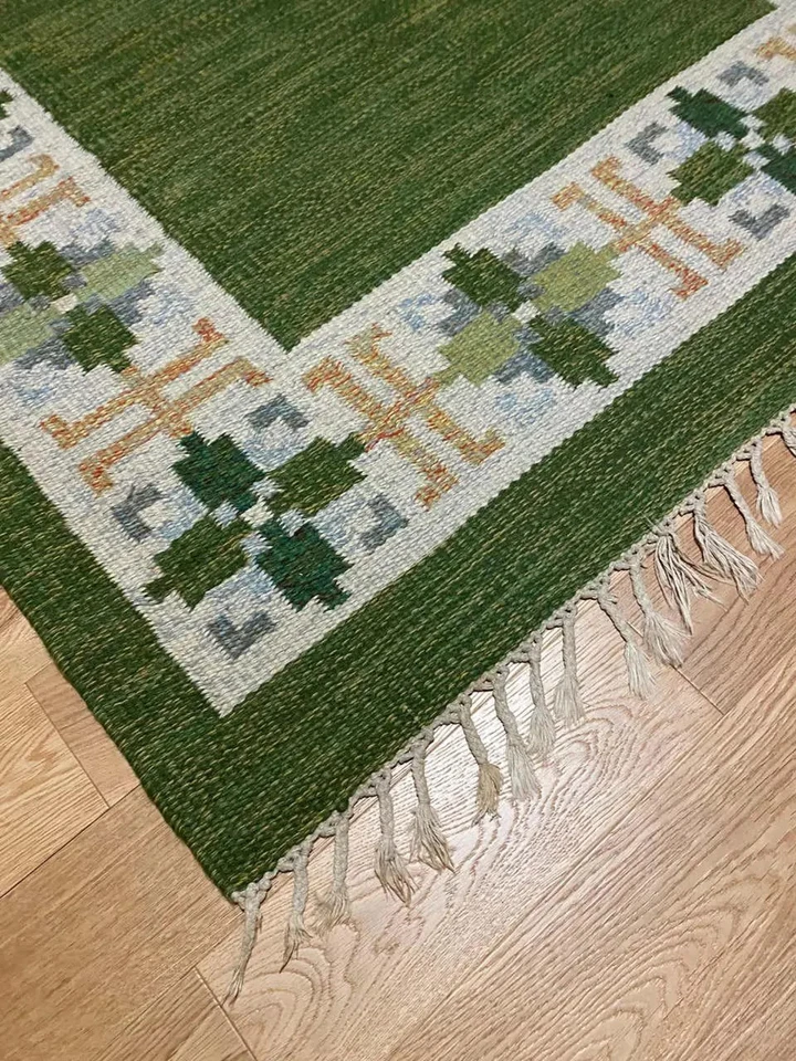 Alfombra Kilim sueca escandinava de tejido plano verde para sala de estar alfombra dormitorio Foto 2 de 4