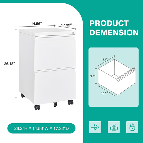 2 Drawer File Cabinet with Lock and Wheels,White Rolling File Cabinets,Locking M - Picture 3 of 12