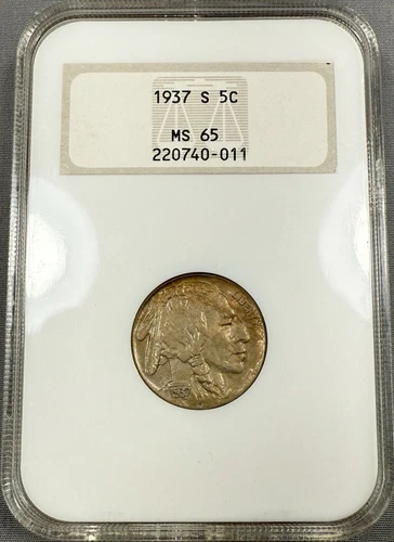 1937-S Buffalo Nickel 5c - NGC MS65 - Old “Fatty” Holder Toned