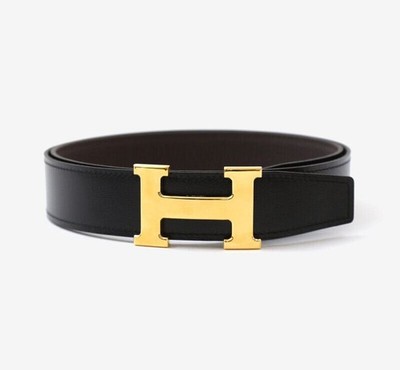 Hermes Reversible Belt with Gold Hardware Black Chocolate 85 149901473