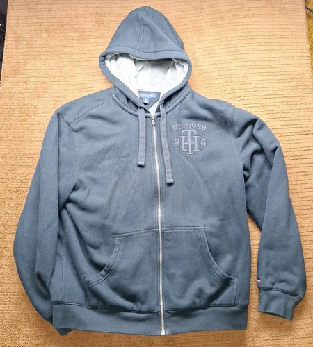 TOMMY HILFIGER Hoodie Unisex XL Black Full Zip Faux Fur Sherpa Lined Activewear