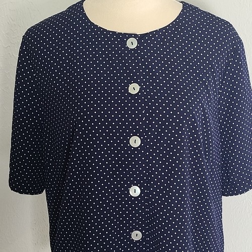 Vintage Koret Navy & White Polka Dot Button-Down Blouse with Short Sleeves Sz XL - Picture 2 of 9