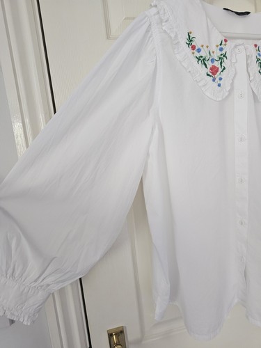 M&S Embroidered Blouse Size 22 Balloon Sleeves Button Front Floral Collar - Picture 5 of 10