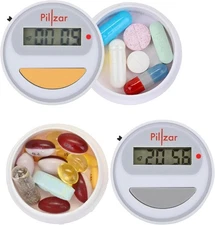 Portable Pill Organizer Dispenser with Timer Cap for Medication, White-gray 